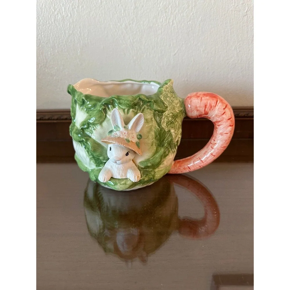 Vintage Fitz and Floyd OCI Taiwan Rabbit Cabbage Bunny Teapot with Carrot Handle
